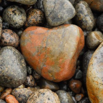 A rust-colored stone on a rocky beach.