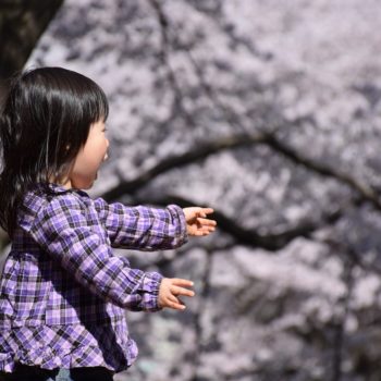 A young girl in a purple plaid jacket with her hands stretched in front of her