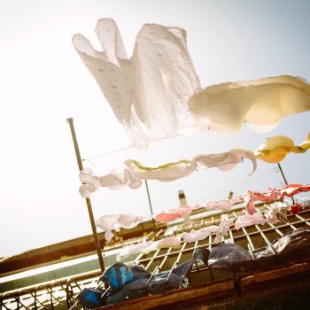 Laundry blowing in the wind.