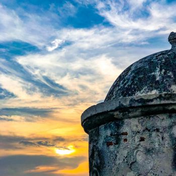 A tower in Cartagena, Colombia, at sunset.