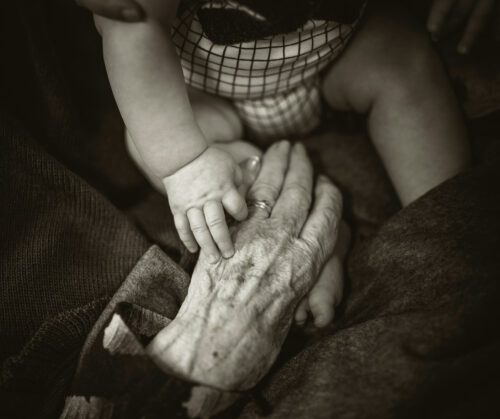 Black and white image of a baby's hand atop an elder's hand