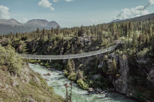 A footbridge span across a gorge