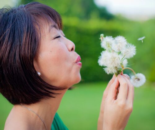 Woman blowing on a bunch of dandelions