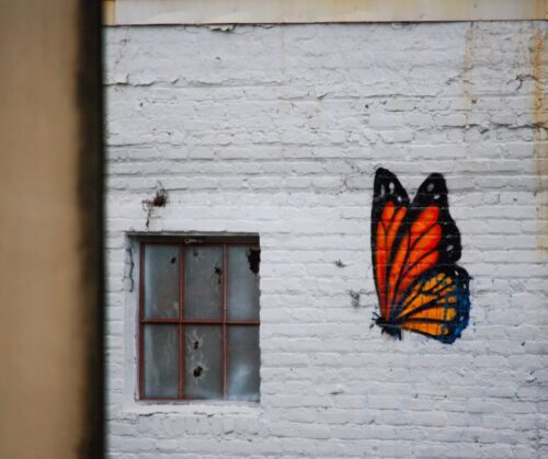 A butterfly painted on a white brick wall