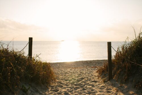 Path to the beach at sunset