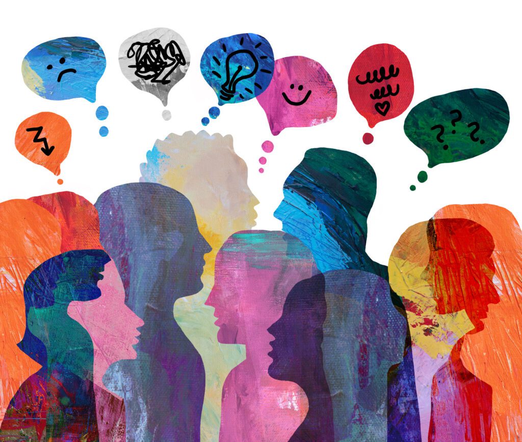 Group of diverse people profile view hand drawn, with different emotional / mental states and thoughts.