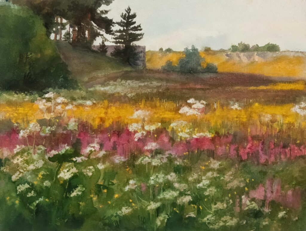 Watercolor landscape of field of wildflowers