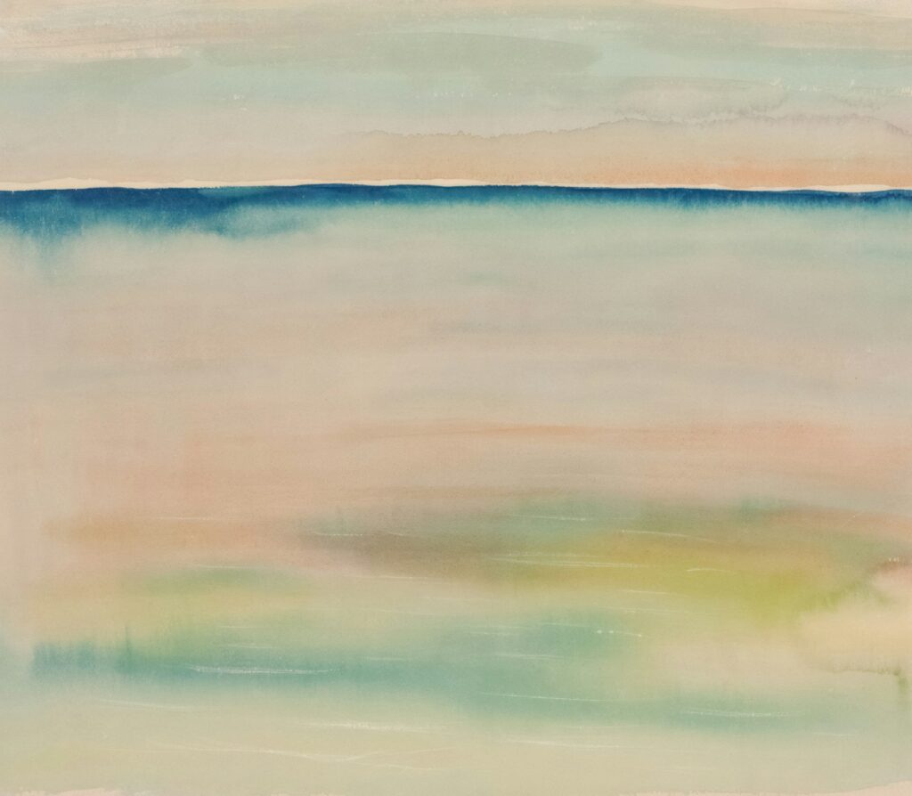Watercolor with soft green, pink, and blue hues